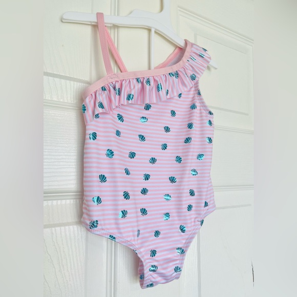 Pink Platinum Girls Baby Pink White Stripes Shell One Shoulder Swimsuit … - Picture 3 of 12